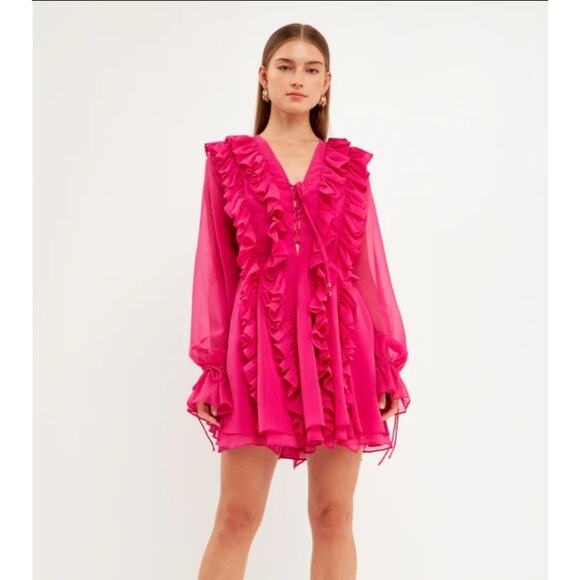 Endless Rose Dresses & Skirts - Endless Rose Long-Sleeve Ruffle Mini Dress in Berry Pink – Size Small